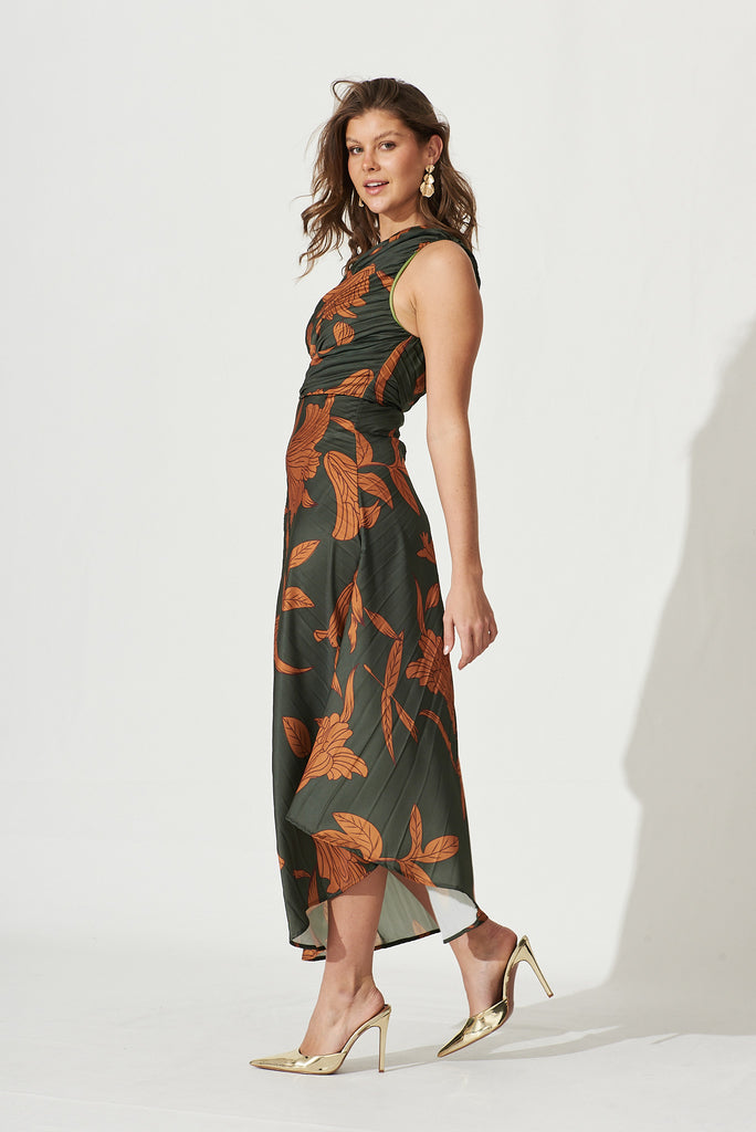 Toulon One Shoulder Maxi Dress In Khaki With Rust Leaf Print Pleated Satin - left side