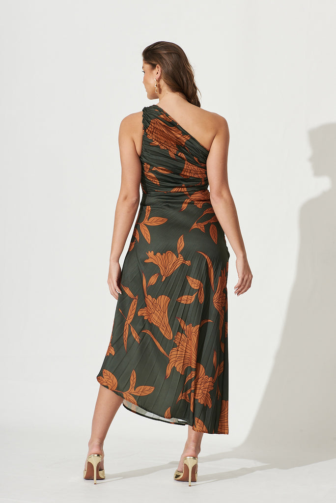 Toulon One Shoulder Maxi Dress In Khaki With Rust Leaf Print Pleated Satin - back
