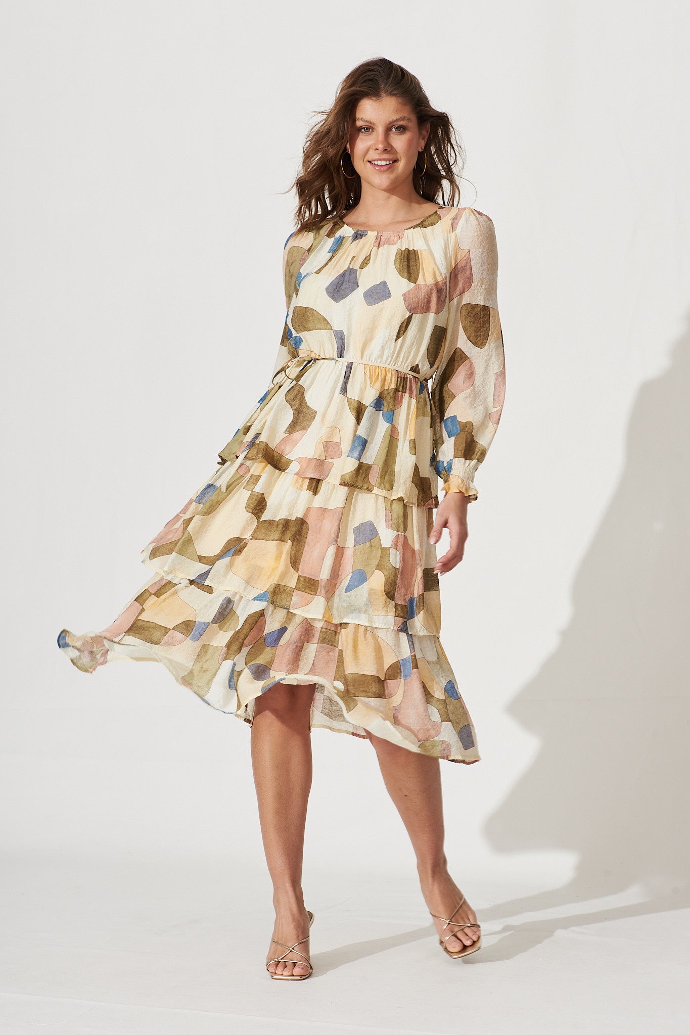 Sarafina Midi Dress In Cream With Khaki Geometric Print Cotton Blend - full length