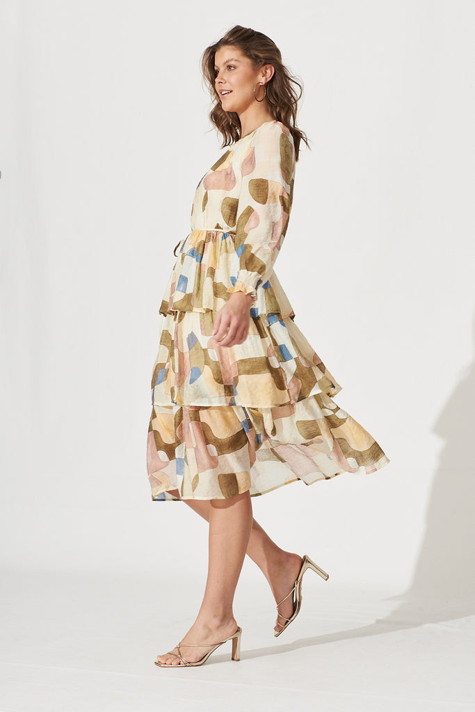 Sarafina Midi Dress In Cream With Khaki Geometric Print Cotton Blend - side