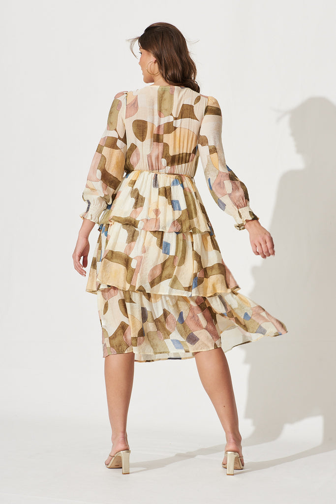 Sarafina Midi Dress In Cream With Khaki Geometric Print Cotton Blend - back