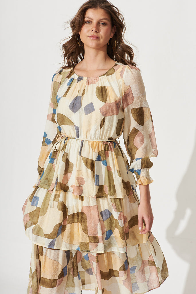 Sarafina Midi Dress In Cream With Khaki Geometric Print Cotton Blend - front