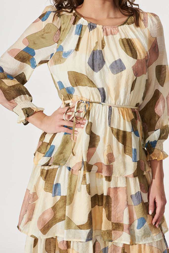 Sarafina Midi Dress In Cream With Khaki Geometric Print Cotton Blend - detail
