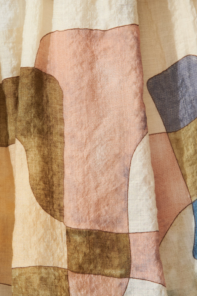 Sarafina Midi Dress In Cream With Khaki Geometric Print Cotton Blend - fabric