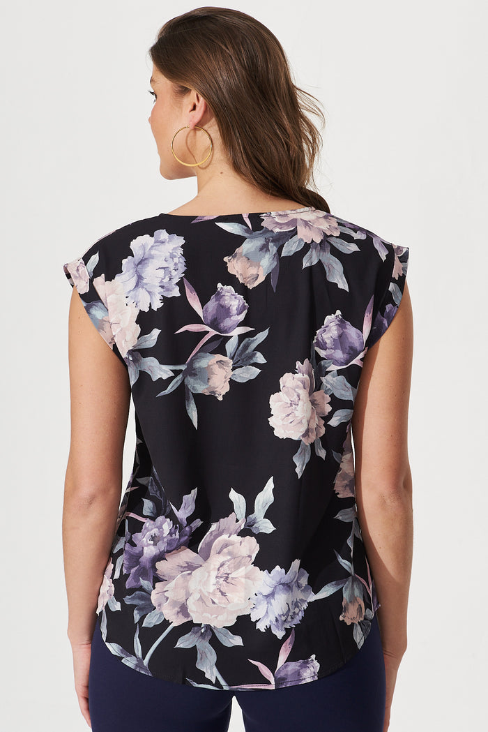 Jina Top In Black With Purple Floral - back