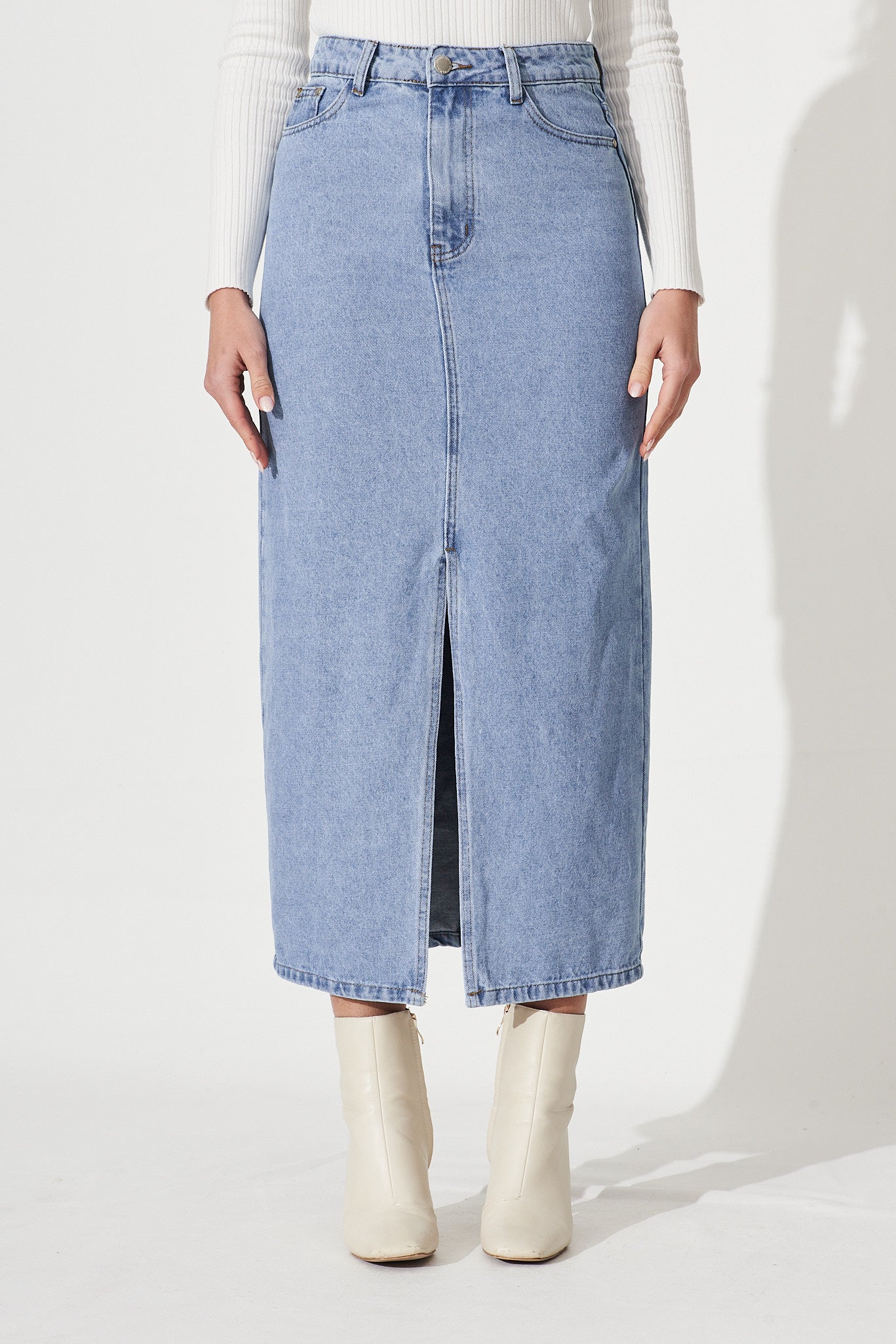 Lattice Maxi Denim Skirt In Light Blue Wash – St Frock