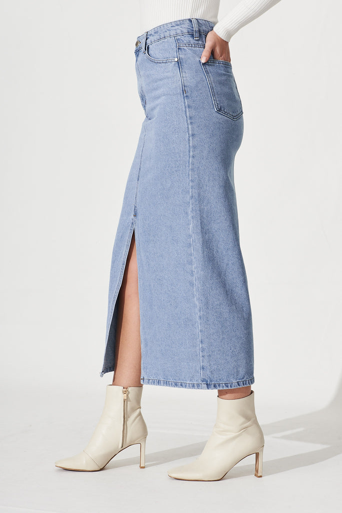 Lattice Maxi Denim Skirt In Light Blue Wash - side