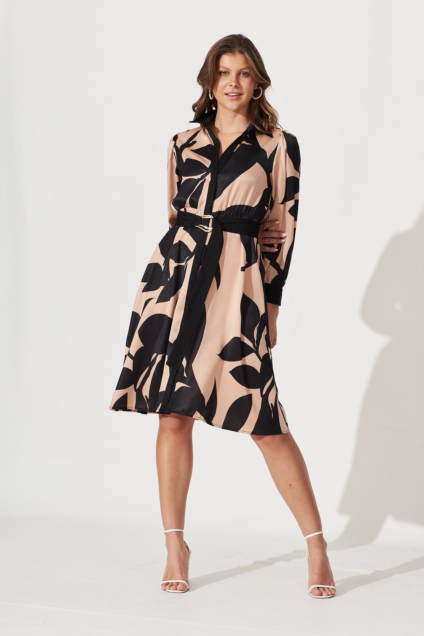 Kristella Shirt Dress In Brown With Black Print Satin St Frock