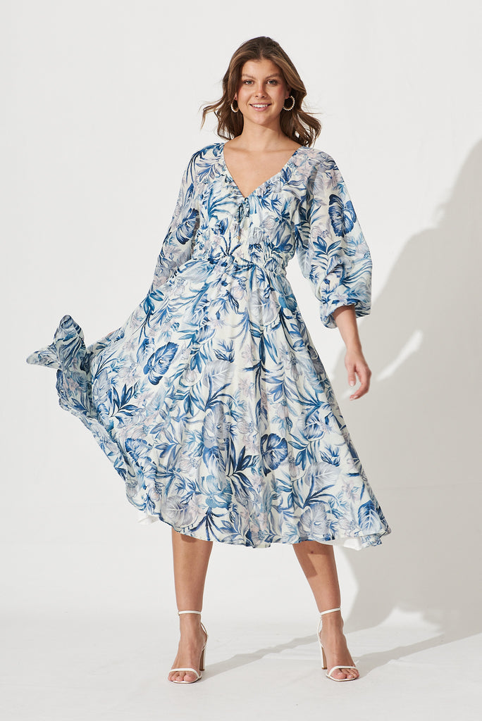 Darling Point Dress In White With Blue Floral Print Cotton - full length