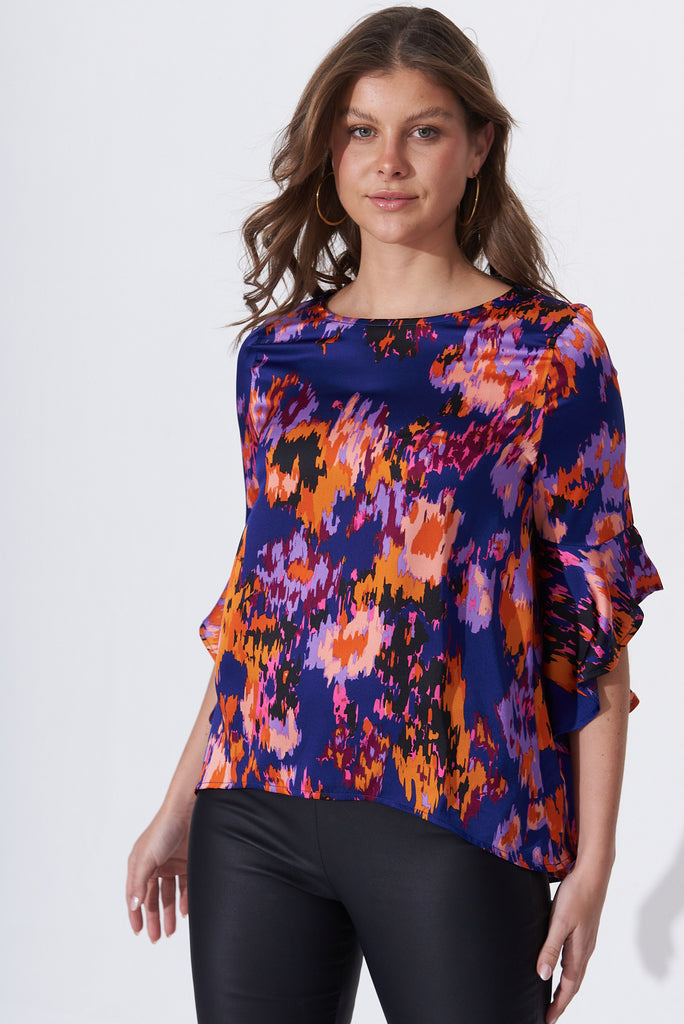 Nila Top In Blue With Multi Print - front