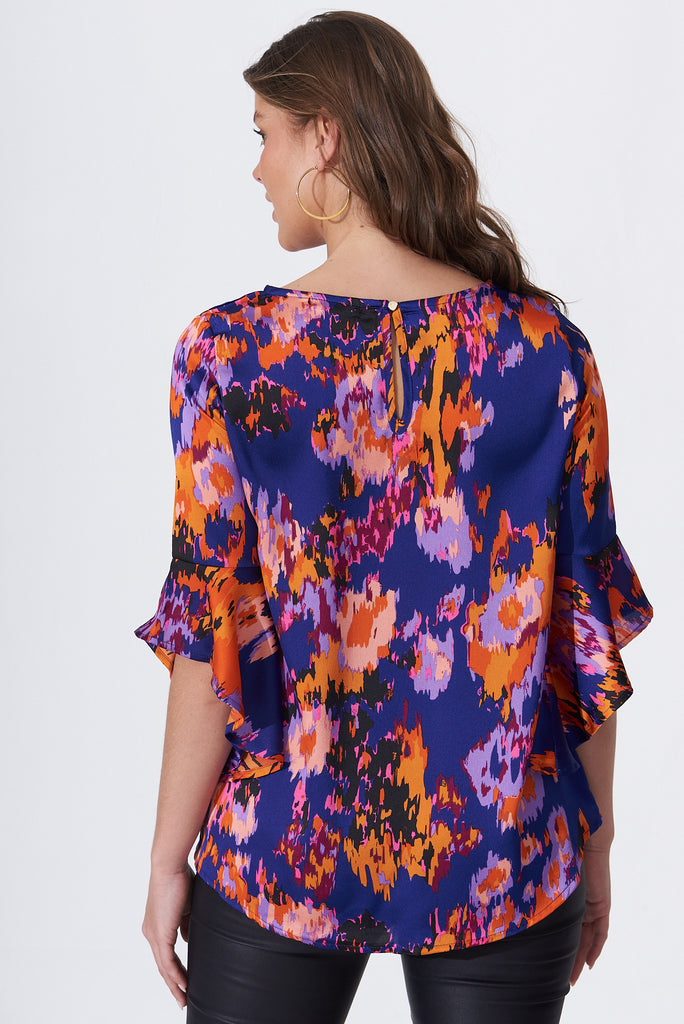 Nila Top In Blue With Multi Print - back