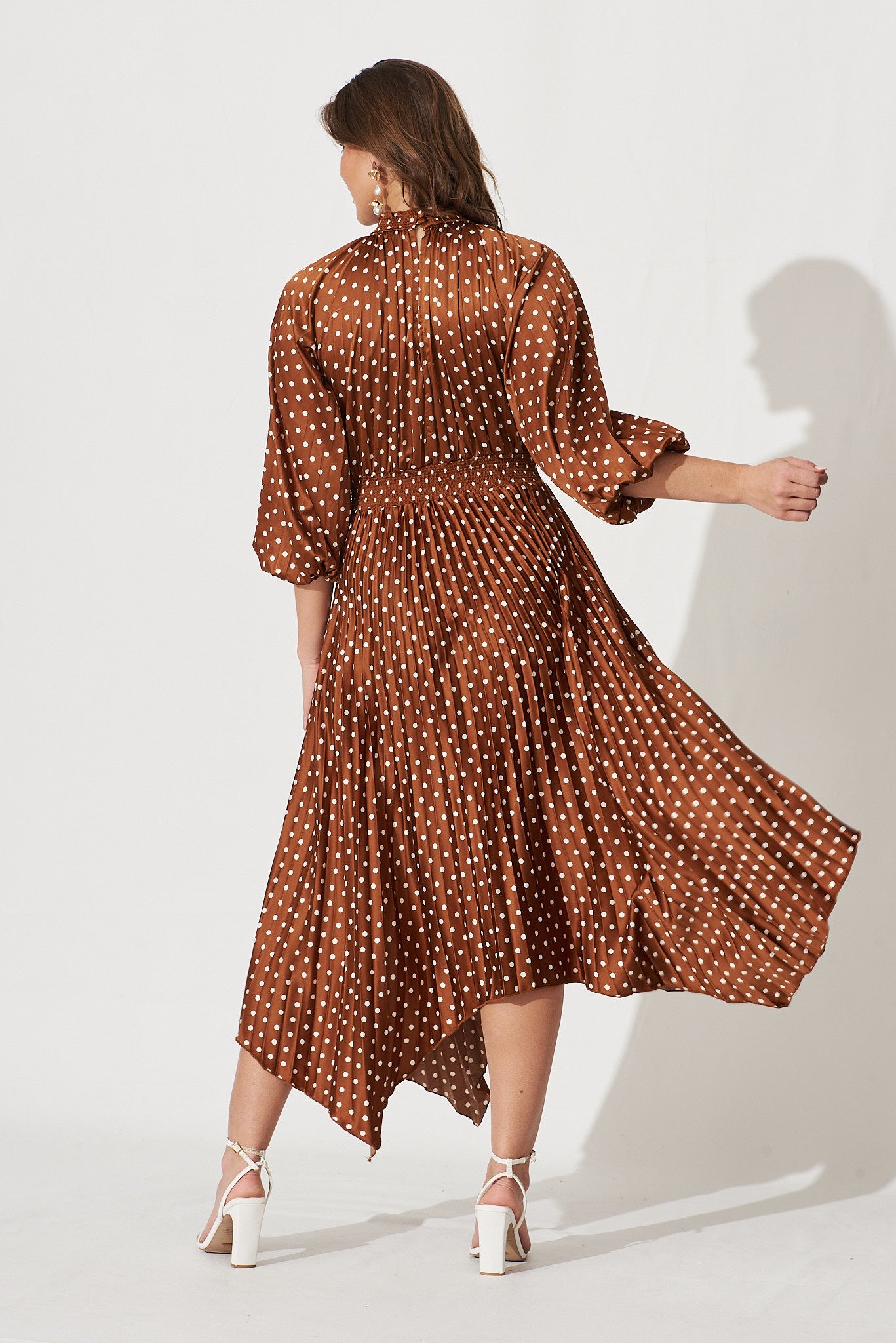 Nala Midi Dress In Rust With White Polka Dot Pleated Satin St Frock