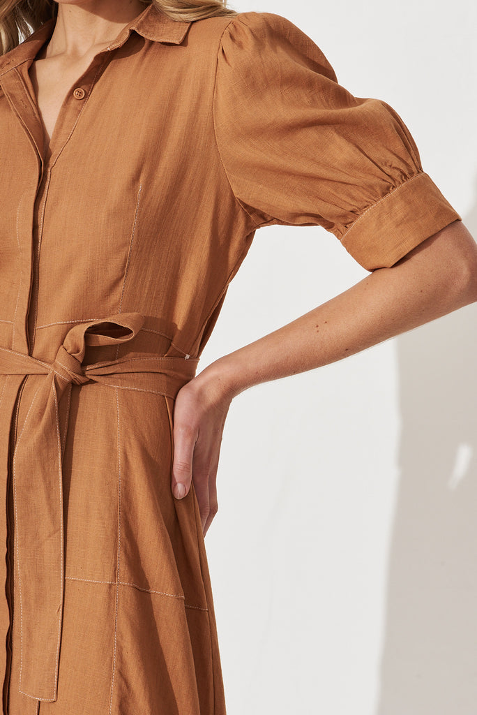 Venus Shirt Dress In Camel Linen Blend - detail