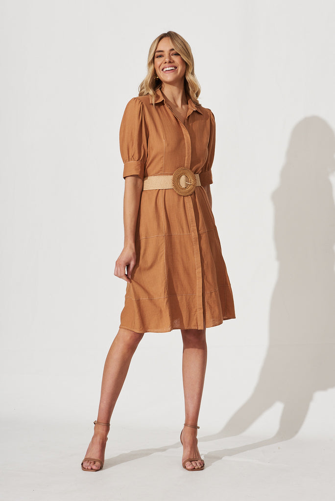Venus Shirt Dress In Camel Linen Blend - full length