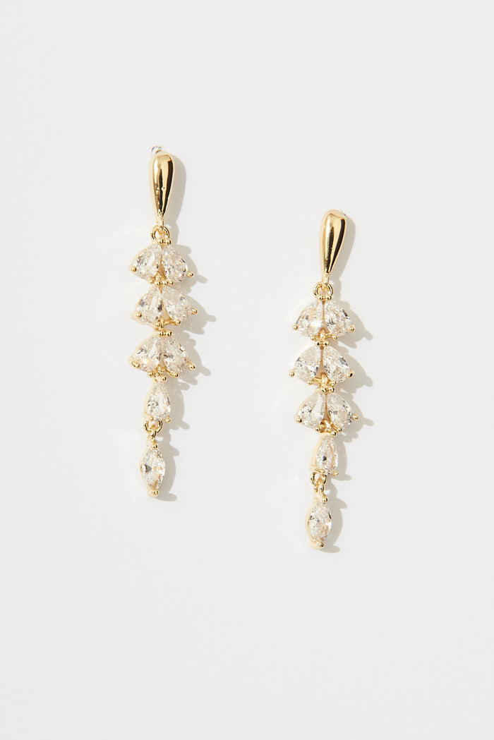 August + Delilah Cora Drop Earrings In Gold Diamante - flatlay