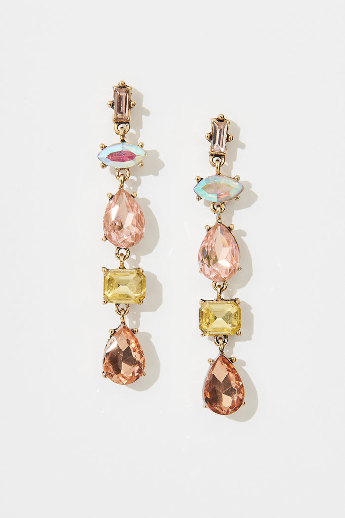 August + Delilah Larney Drop Earrings In Multi Diamante - flatlay
