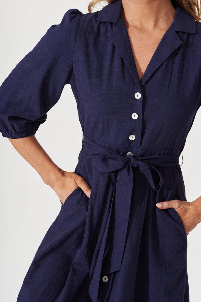 Minnie Midi Shirt Dress In Navy Plain Cotton - detail