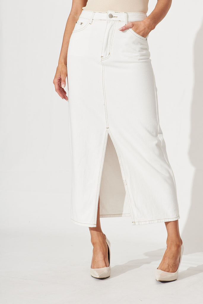 Lattice Maxi Denim Skirt In White - front
