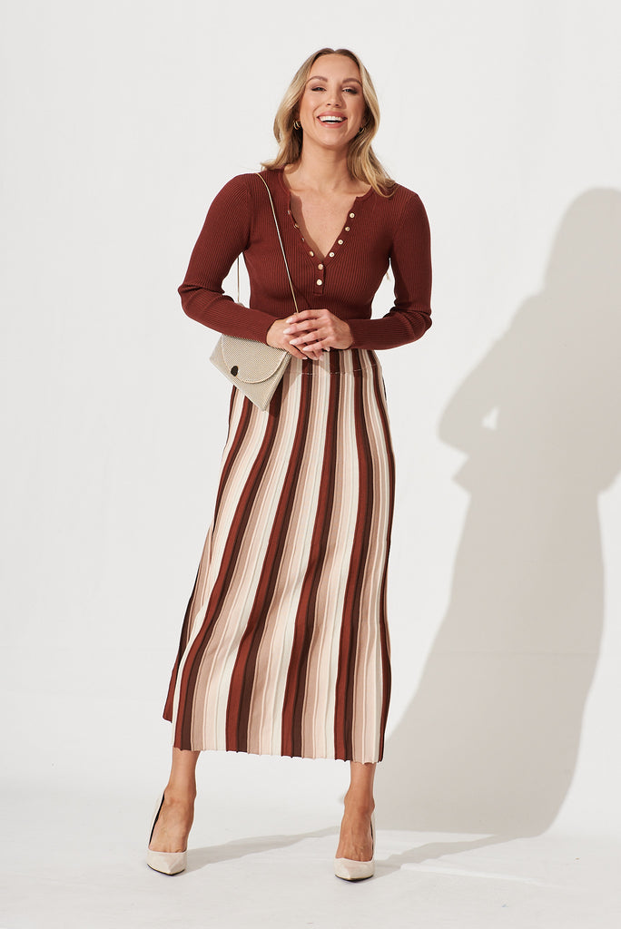Reese Knit Maxi Skirt In Brown With Beige Stripe - full length