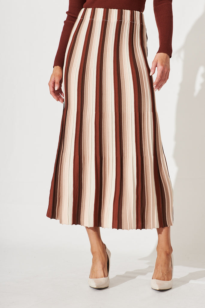 Reese Knit Maxi Skirt In Brown With Beige Stripe - front