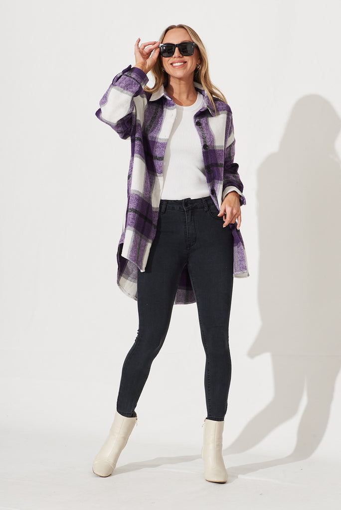 Shea Shacket In White With Lilac Check - full length