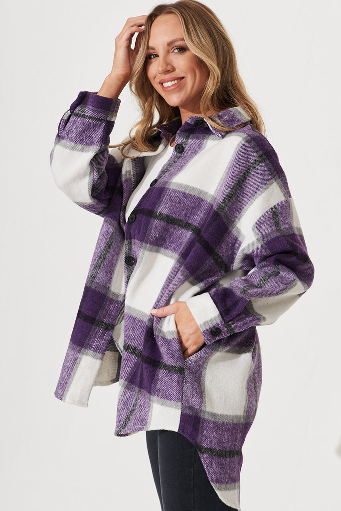 Shea Shacket In White With Lilac Check - side