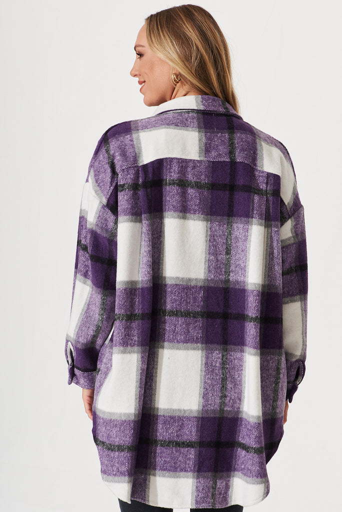 Shea Shacket In White With Lilac Check - back