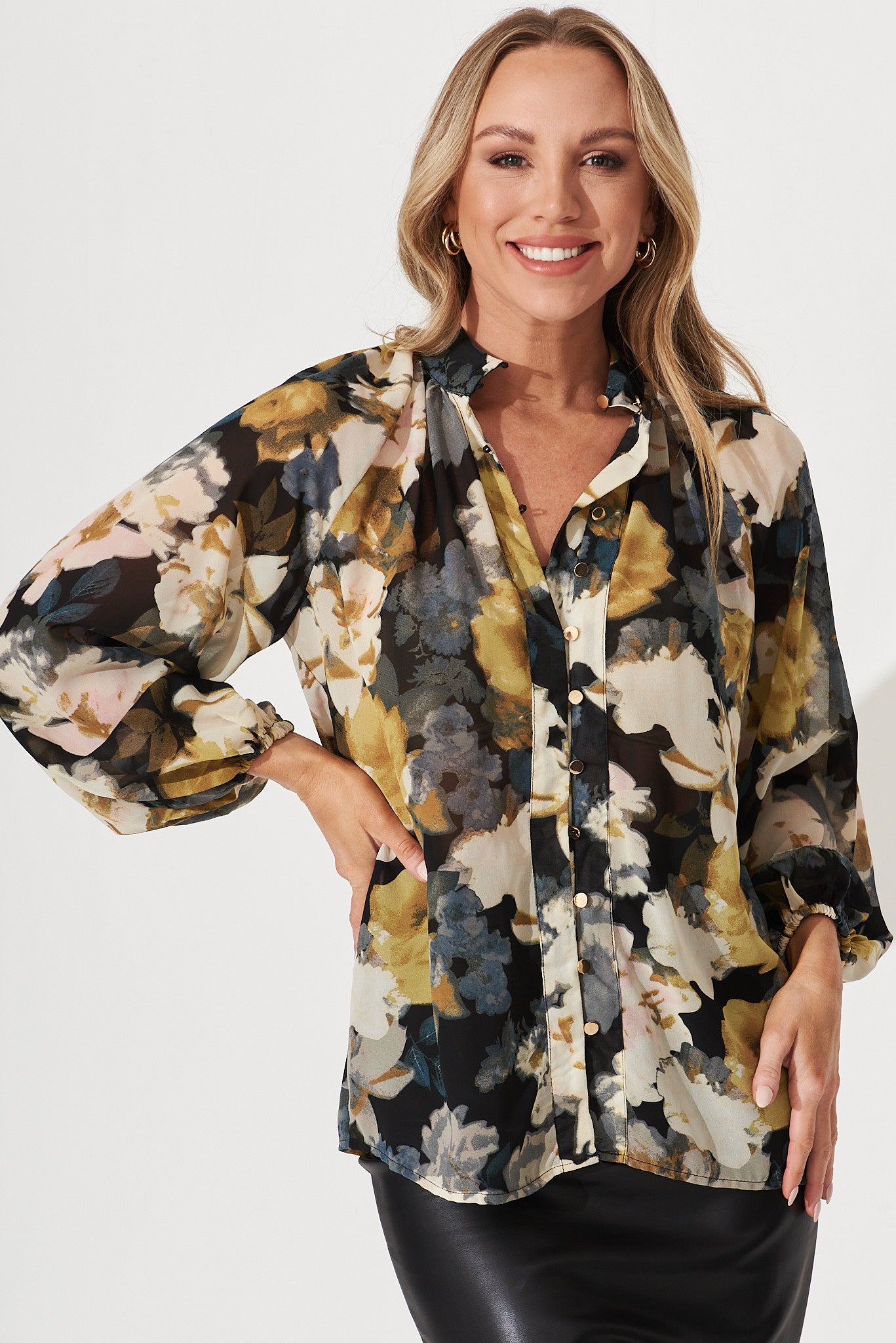 Aaliyah Shirt In Black With Cream And Mustard Floral Chiffon - front