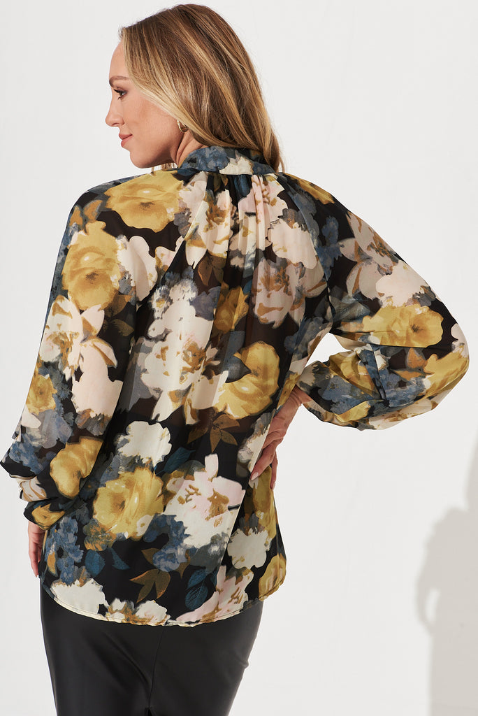 Aaliyah Shirt In Black With Cream And Mustard Floral Chiffon - back