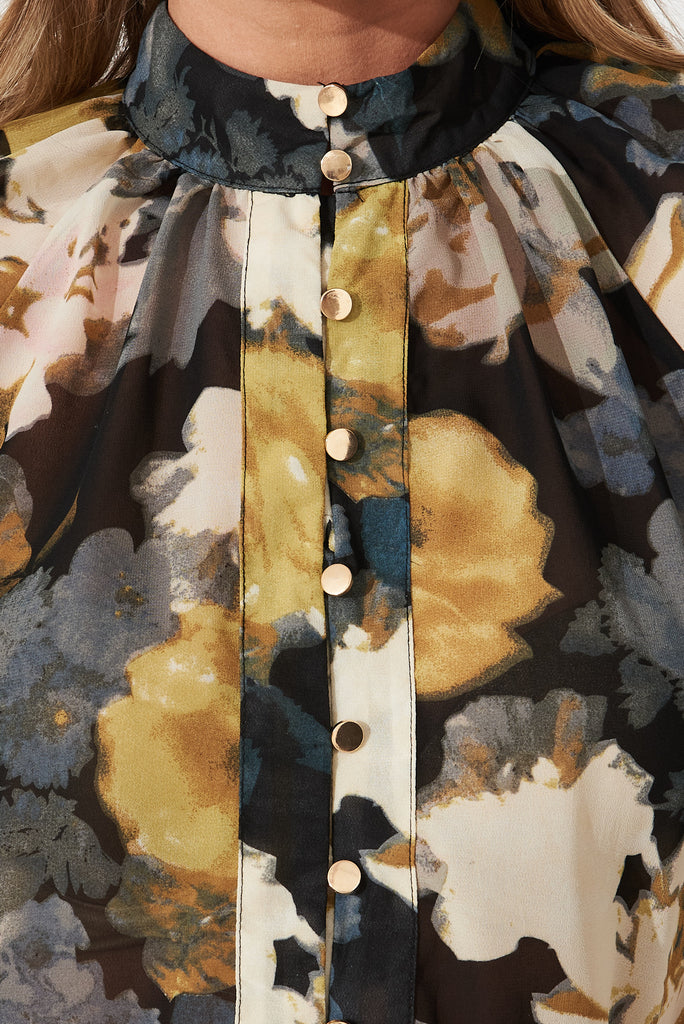 Aaliyah Shirt In Black With Cream And Mustard Floral Chiffon - detail