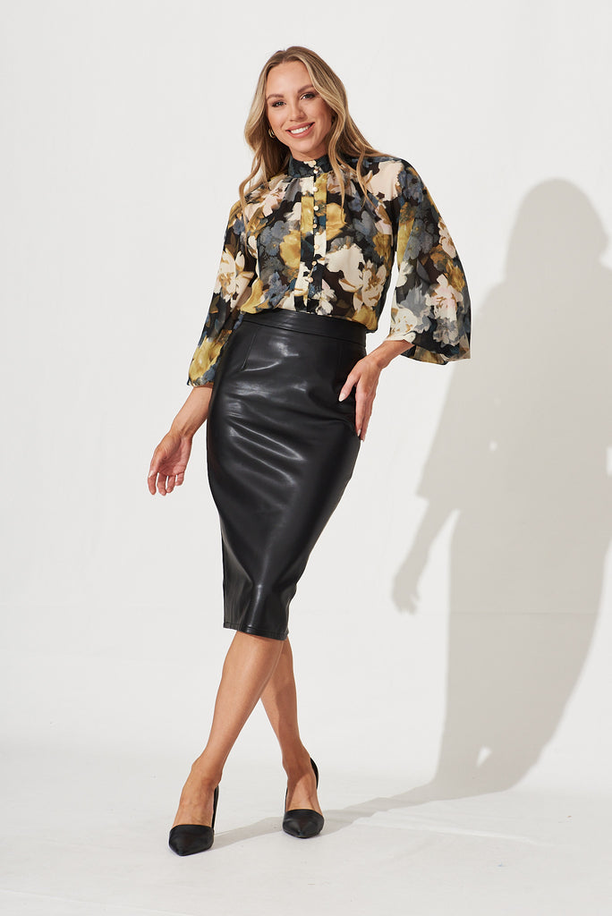 Aaliyah Shirt In Black With Cream And Mustard Floral Chiffon - full length