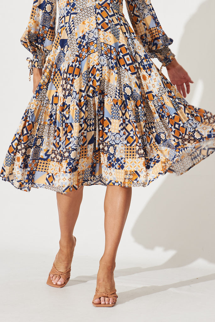 Harper Midi Dress In Blue Tile Print - skirt