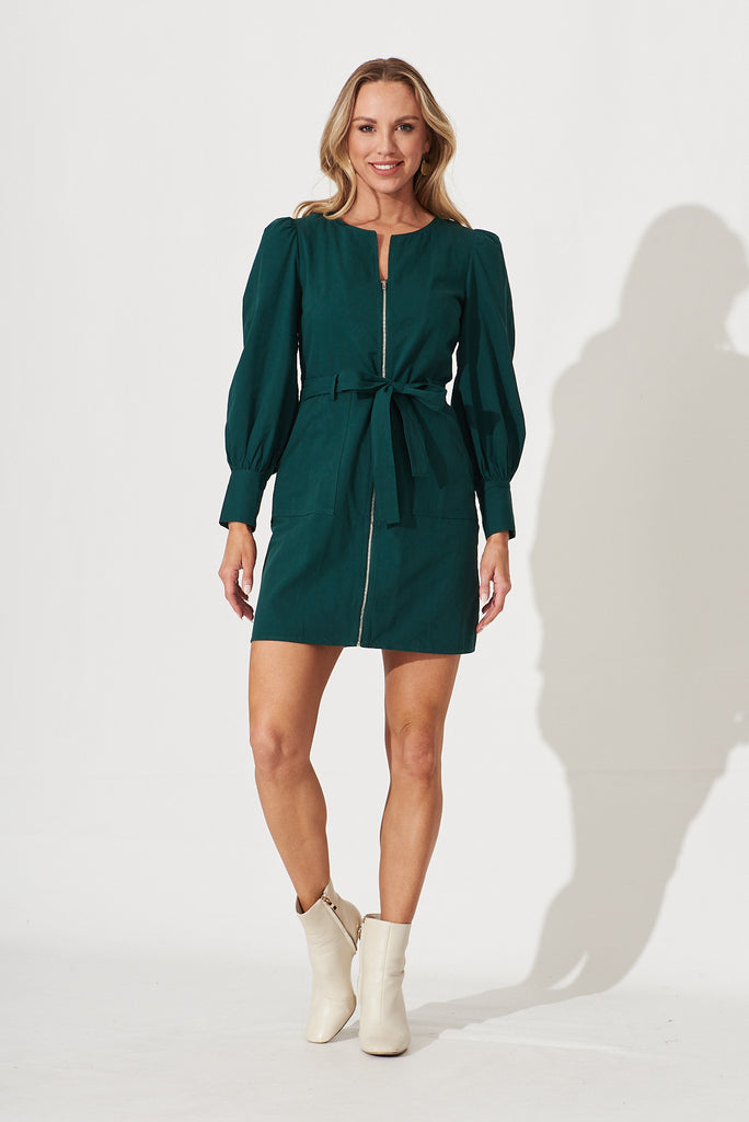 Cheviot Zip Dress In Emerald Cotton - full length