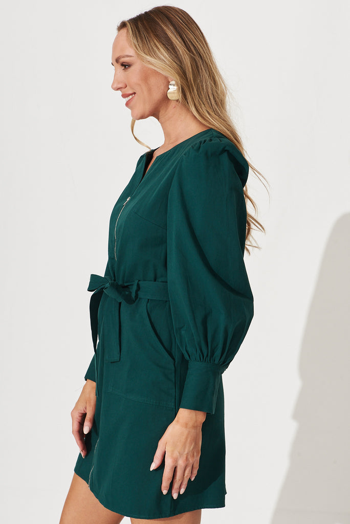 Cheviot Zip Dress In Emerald Cotton - side