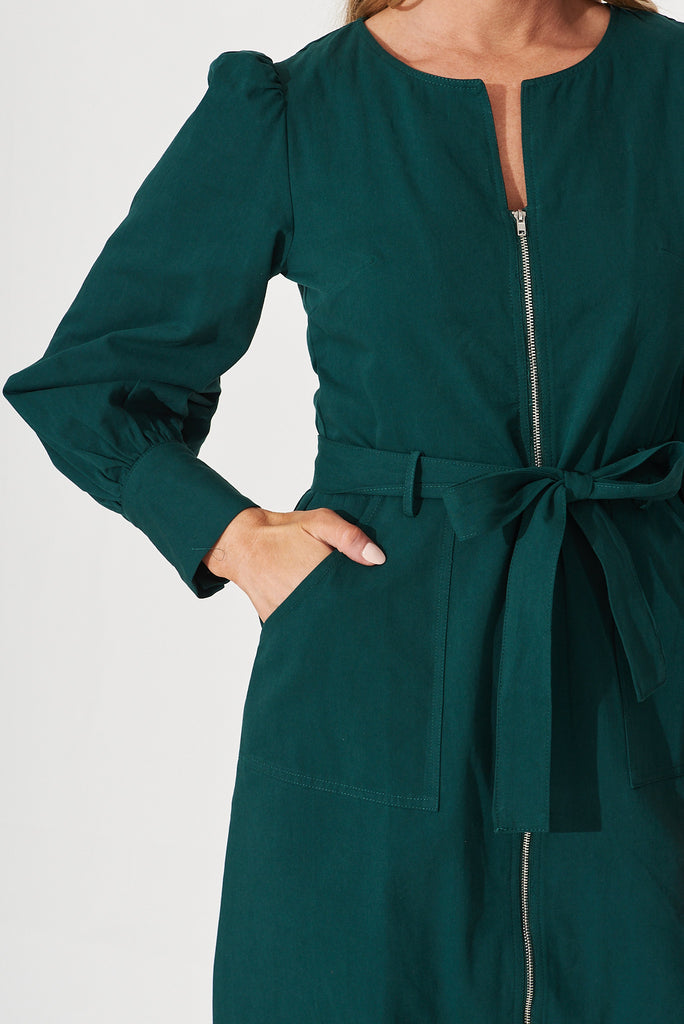 Cheviot Zip Dress In Emerald Cotton - detail