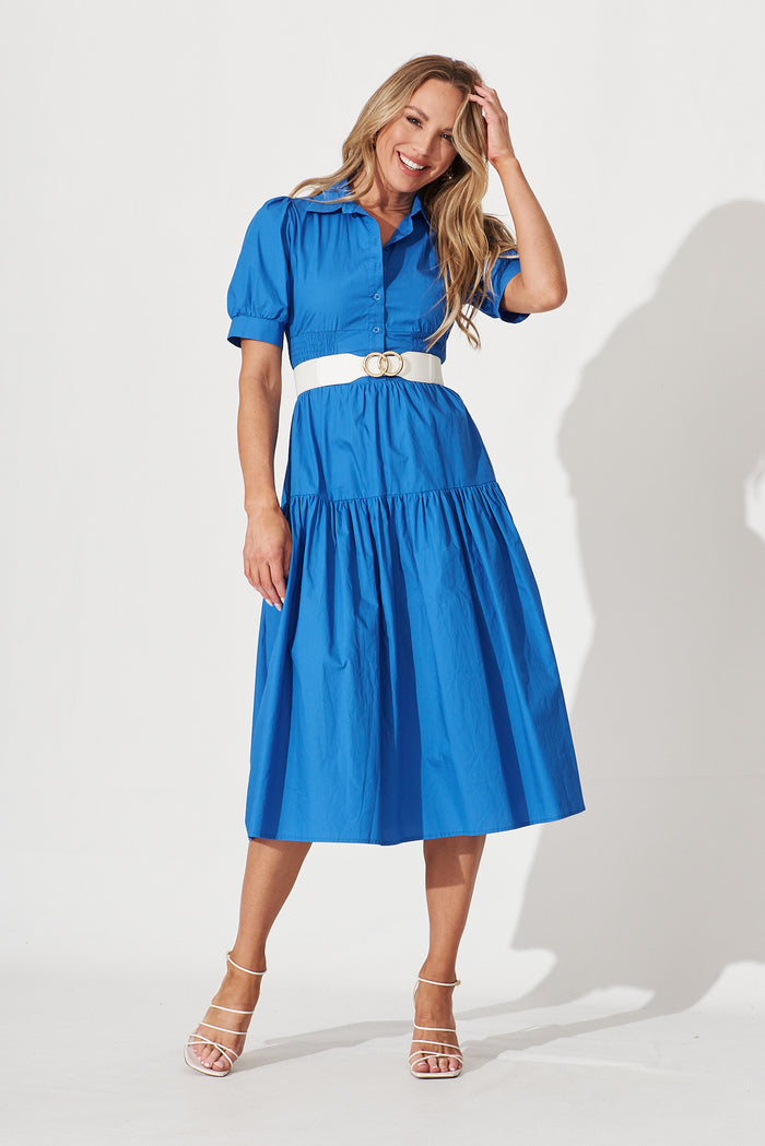 Fairfax Midi Shirt Dress In Cornflower Blue Cotton - full length