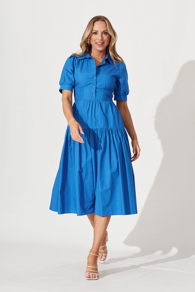 Fairfax Midi Shirt Dress In Cornflower Blue Cotton - full length