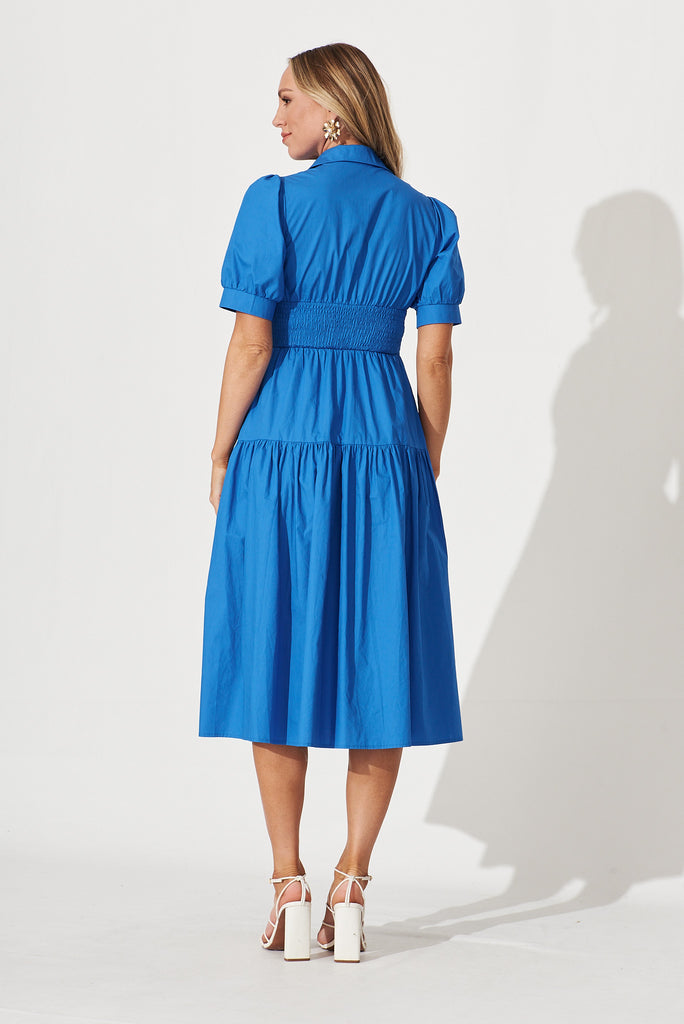 Fairfax Midi Shirt Dress In Cornflower Blue Cotton - back
