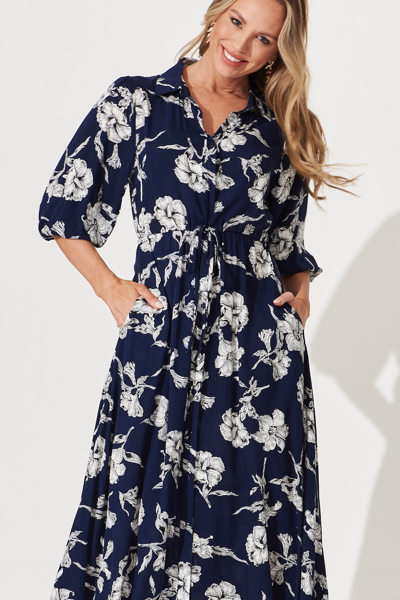Davina Midi Shirt Dress In Navy With White Floral – St Frock