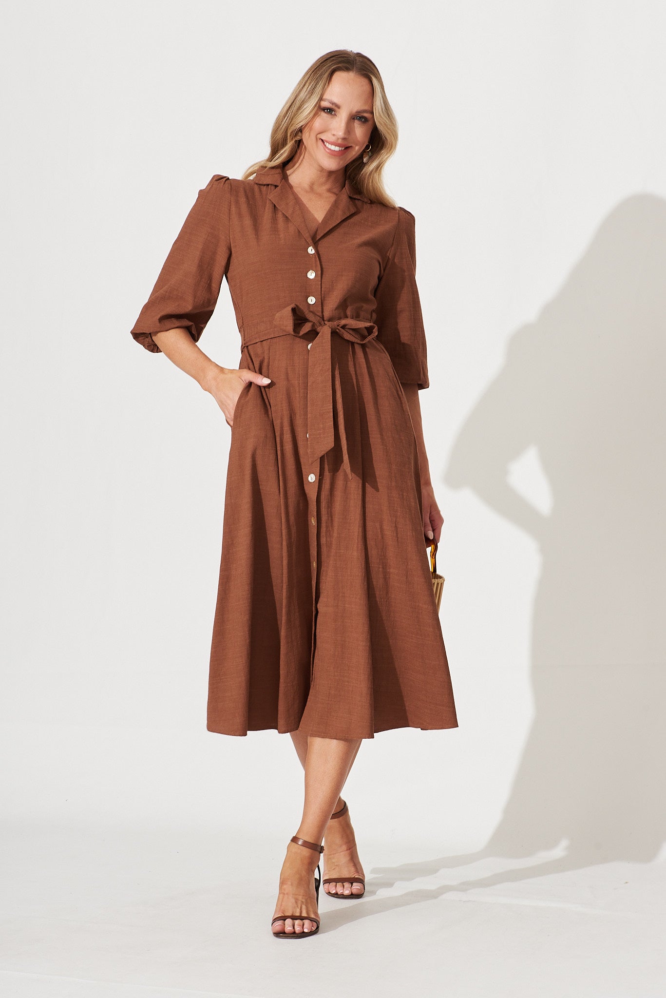 Minnie Midi Shirt Dress In Brown Plain Cotton - full length