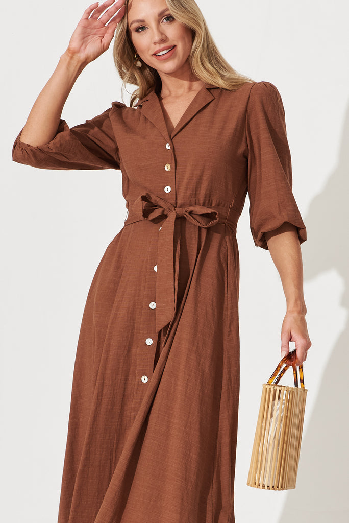 Minnie Midi Shirt Dress In Brown Plain Cotton - front