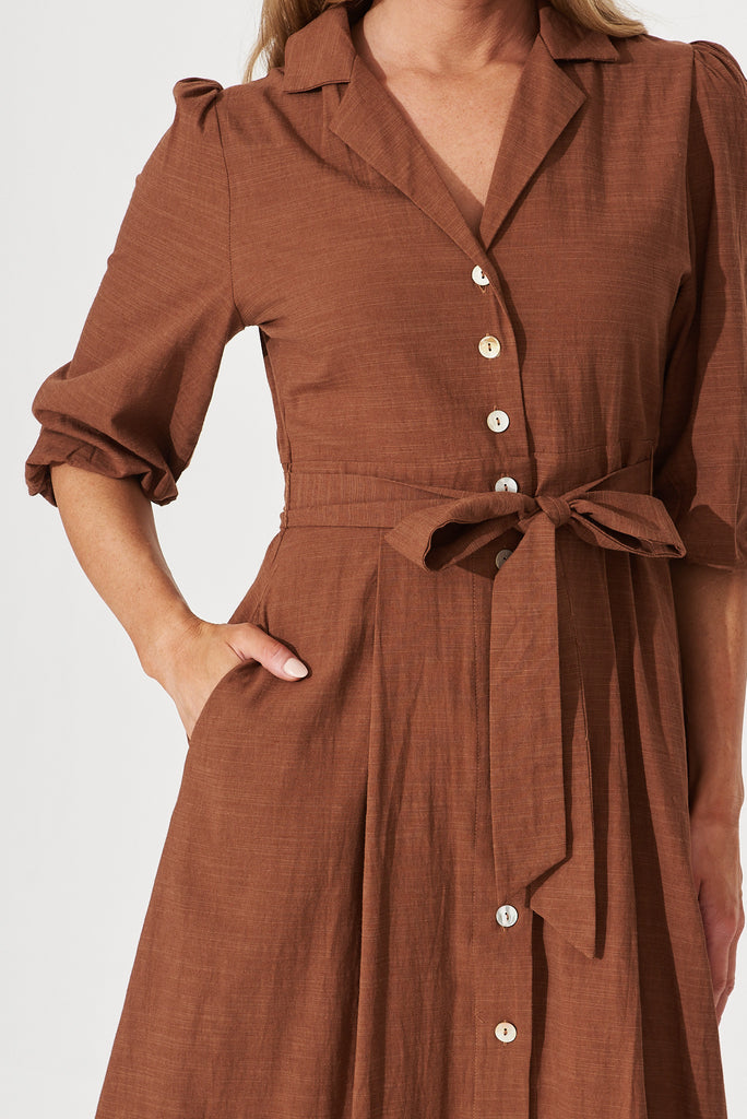 Minnie Midi Shirt Dress In Brown Plain Cotton - detail