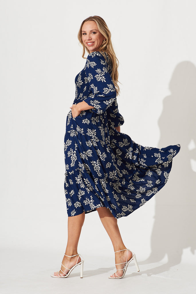 Vivian Midi Dress In Navy With White Leaf - side