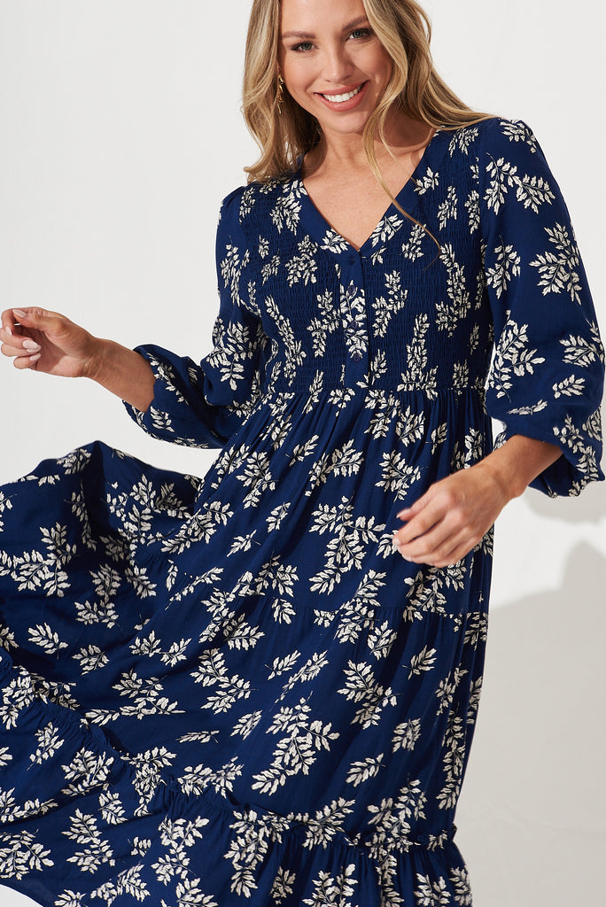 Vivian Midi Dress In Navy With White Leaf - front