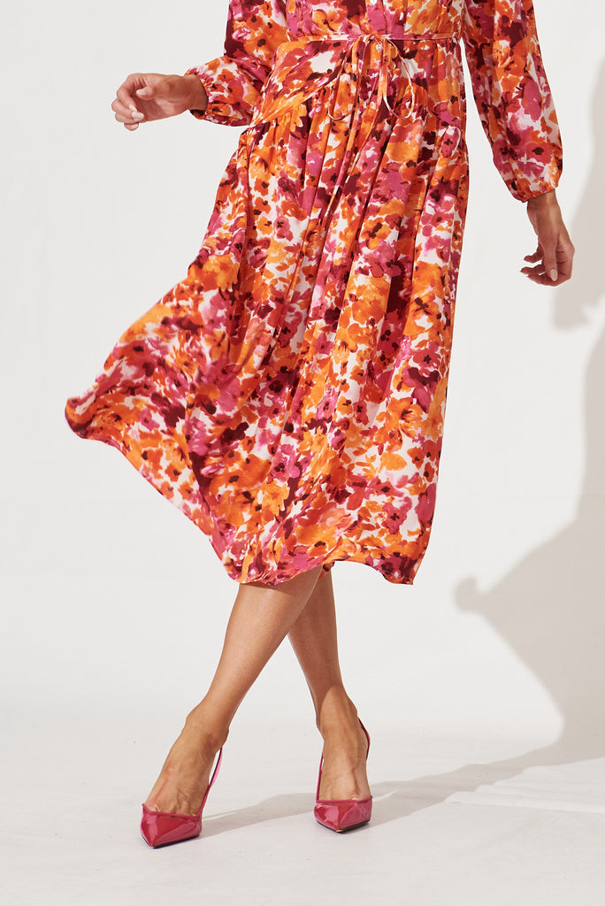 Tabitha Midi Dress In Pink With Tangerine Watercolour Floral - skirt