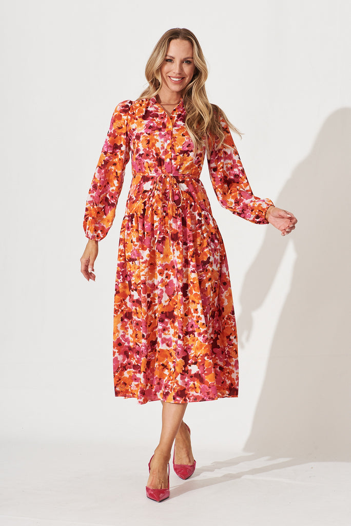 Tabitha Midi Dress In Pink With Tangerine Watercolour Floral - full length