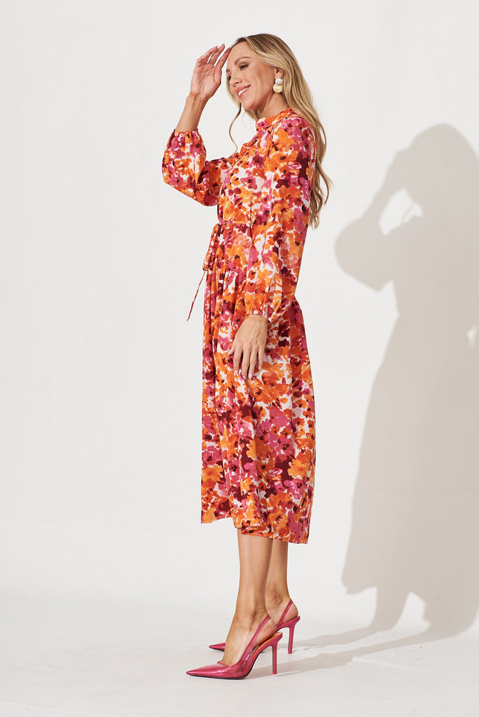 Tabitha Midi Dress In Pink With Tangerine Watercolour Floral - side
