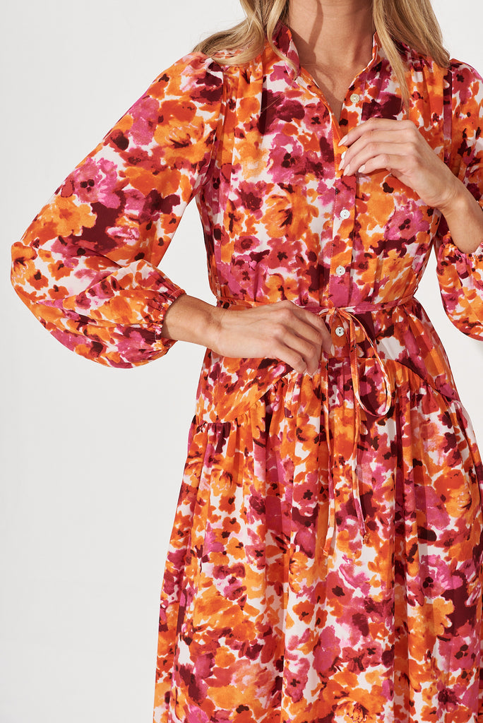 Tabitha Midi Dress In Pink With Tangerine Watercolour Floral - detail