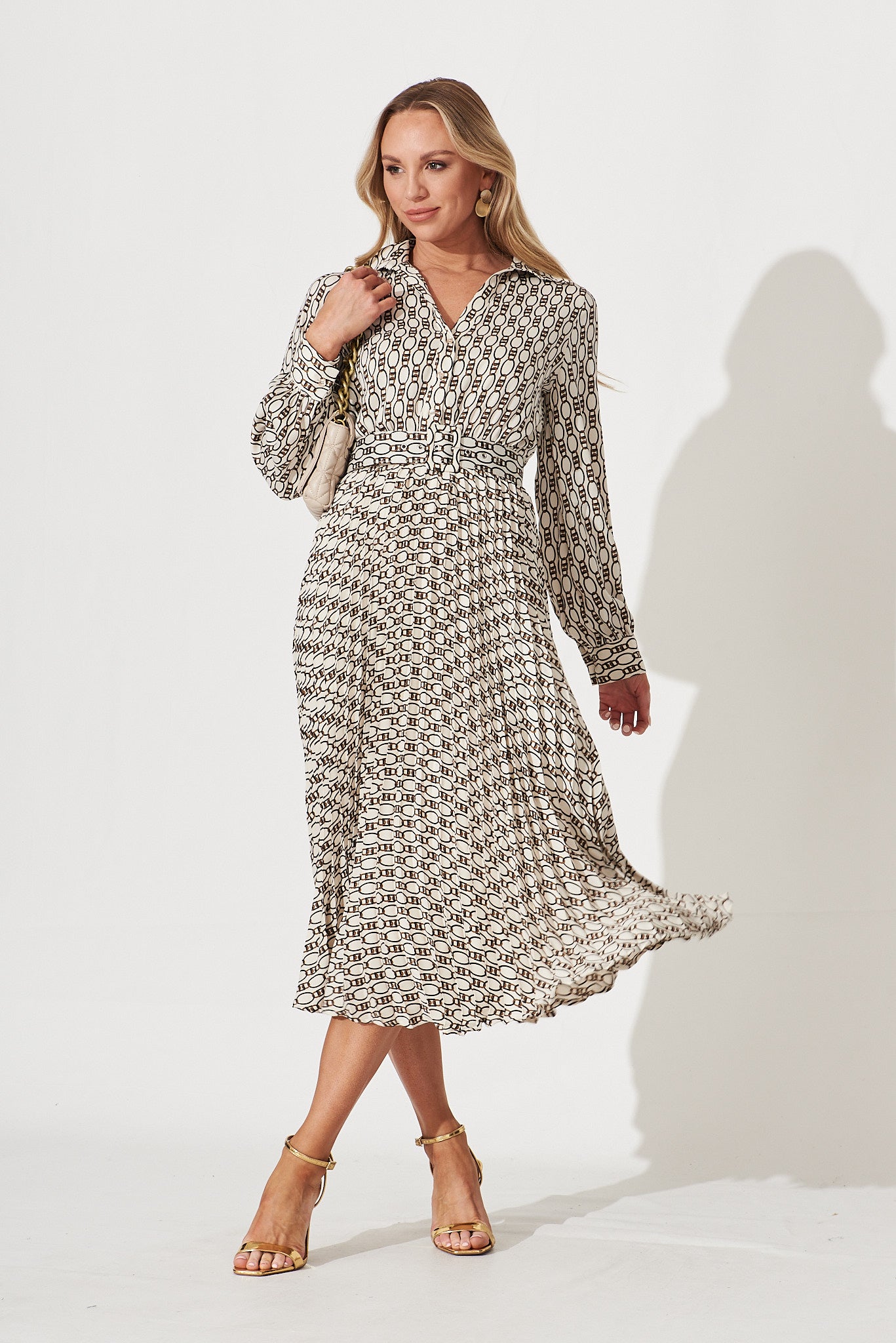 Cyrus Midi Dress In Cream Chain Print Satin St Frock