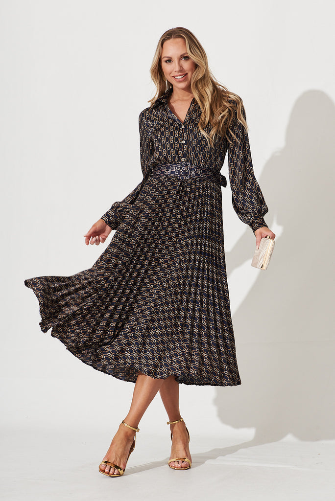 Cyrus Midi Dress In Navy Chain Print Satin - full length